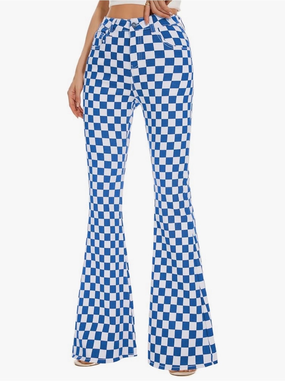 Blue White Checkered Finish Line Fast Lane Game Day Flares Flare Denim Jeans 4🏁💙